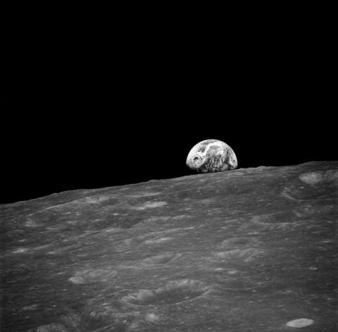 The first photograph taken by humans of Earthrise. Taken by Apollo 8 crewmember Bill Anders on December 24, 1968
